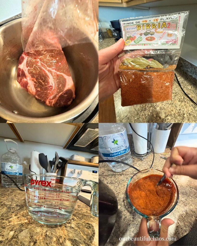 add the meat, water and seasoning to the Instant Pot.