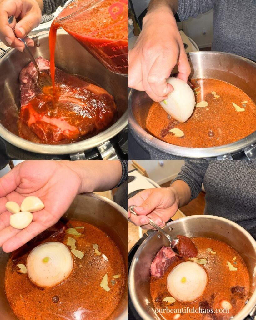 And then add half an onion and 3 whole cloves of garlic.