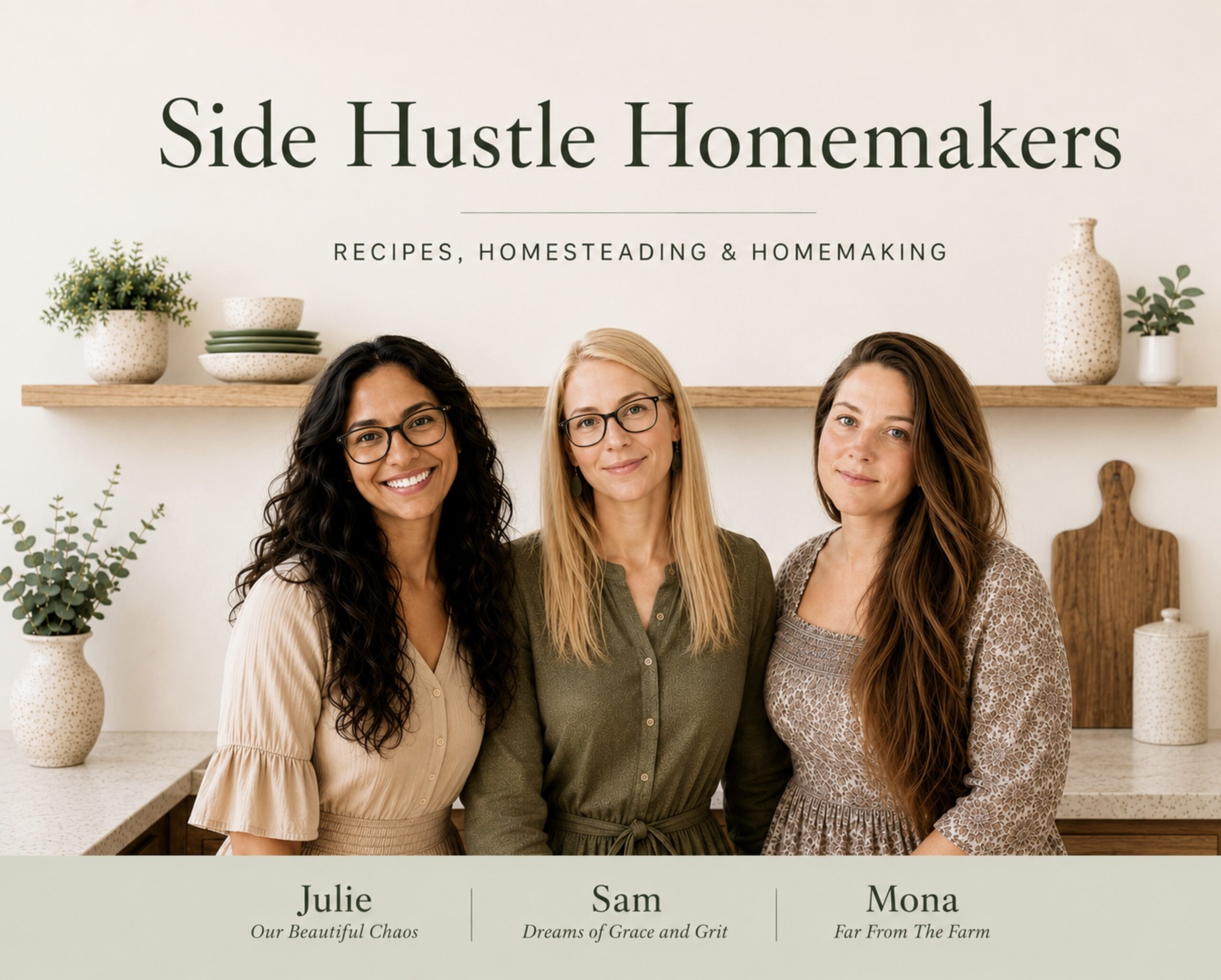 Side Hustle Homemakers Facebook Group for recipes, homesteading, homemaking and more - with Julie, Sam and Mona!