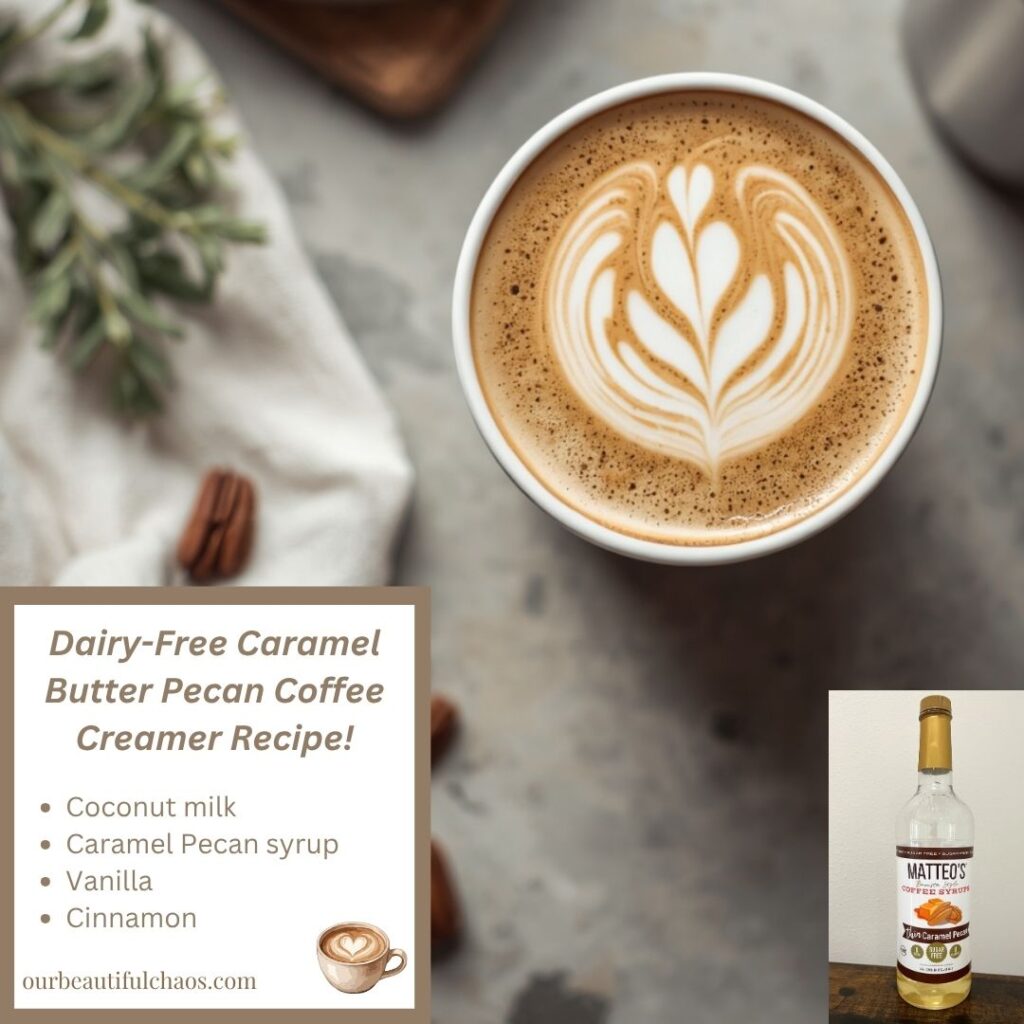 Pin this delicious and easy Dairy-Free Caramel Butter Pecan Coffee Creamer Recipe for later!